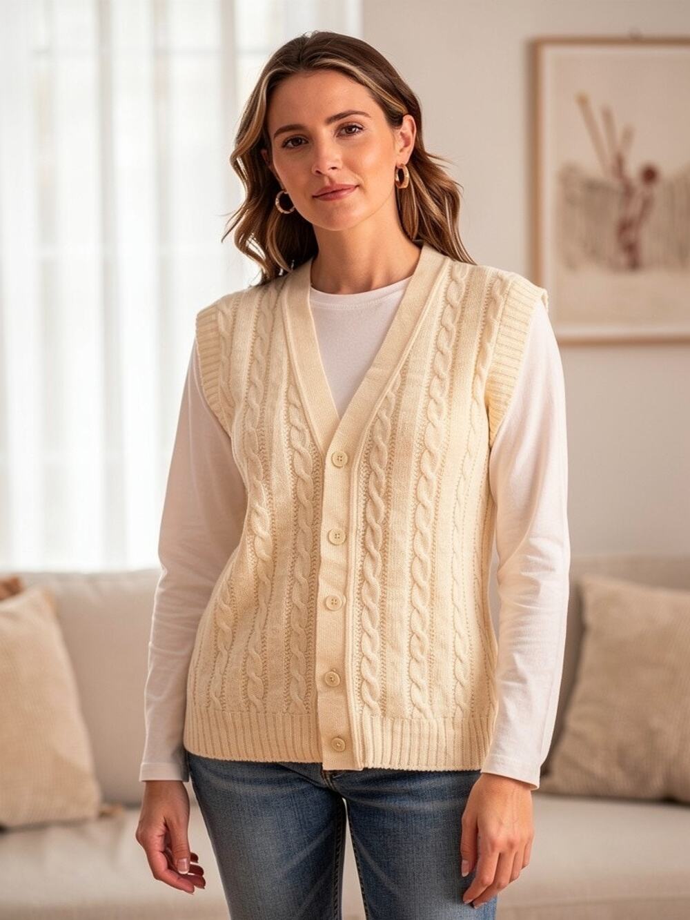 Cream Cable Knit Buttoned Vest Jantzen Size Medium Vintage